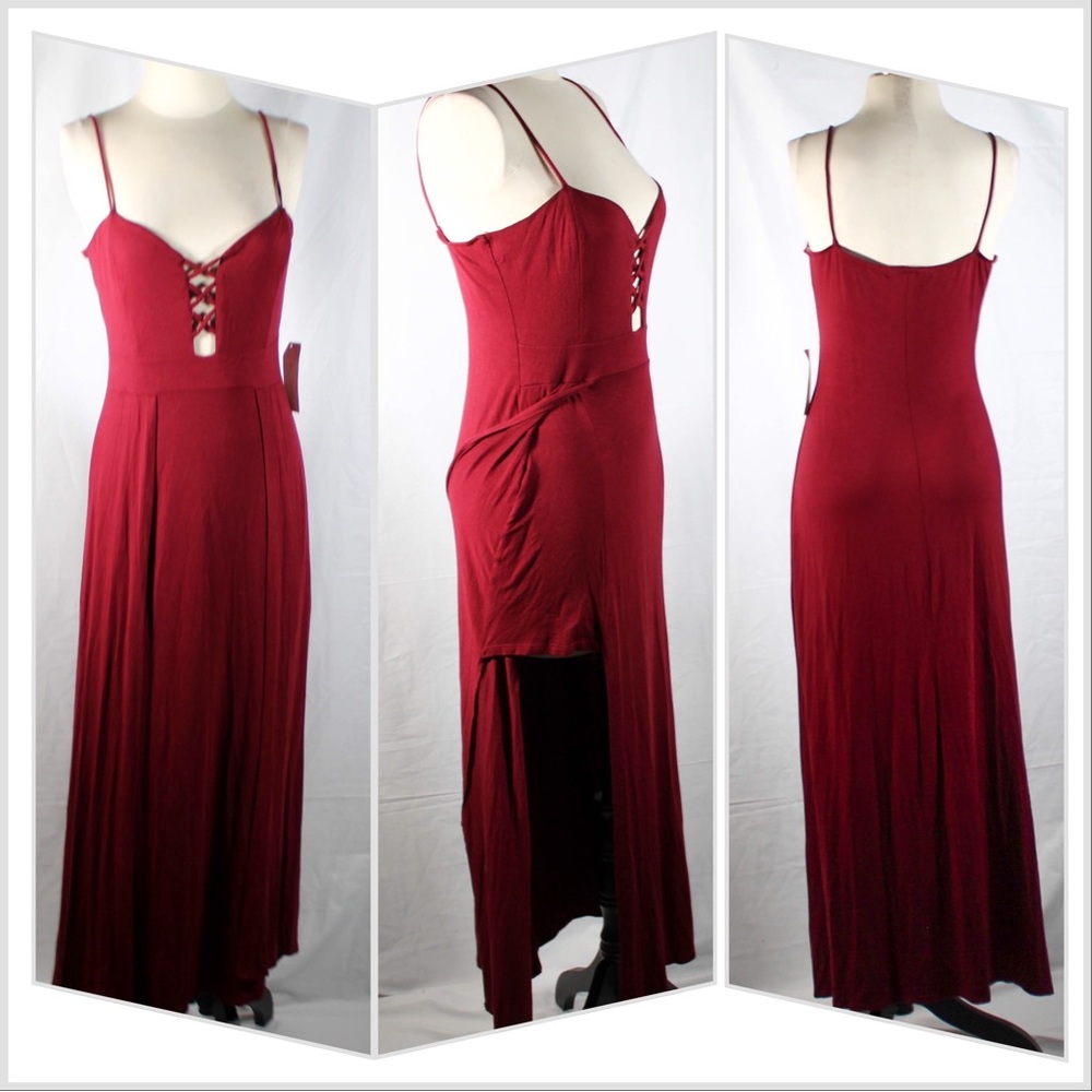 NWT Burgundy Cranberry Maxi Dress with Slits and Cross Stitch Cleavage Summer